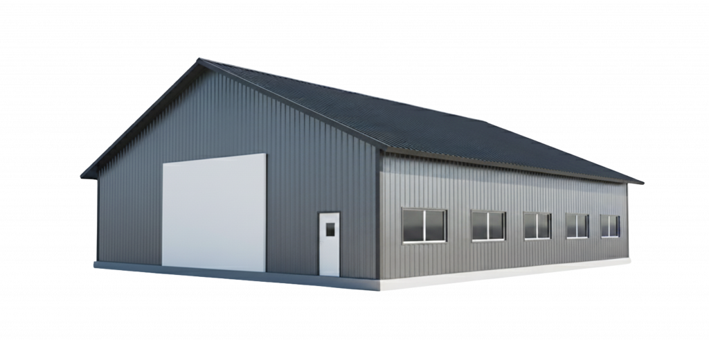 Bâtiment agricole avec bardage métallique et toiture à deux pentes, hangar professionnel destiné à une exploitation.