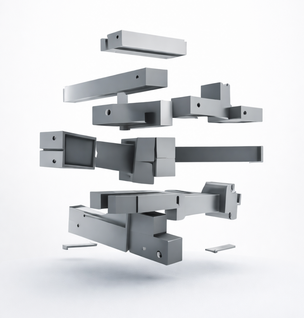 Vue éclatée d’éléments en acier formant une structure métallique, illustration 3D montrant l’assemblage précis de composants porteurs.