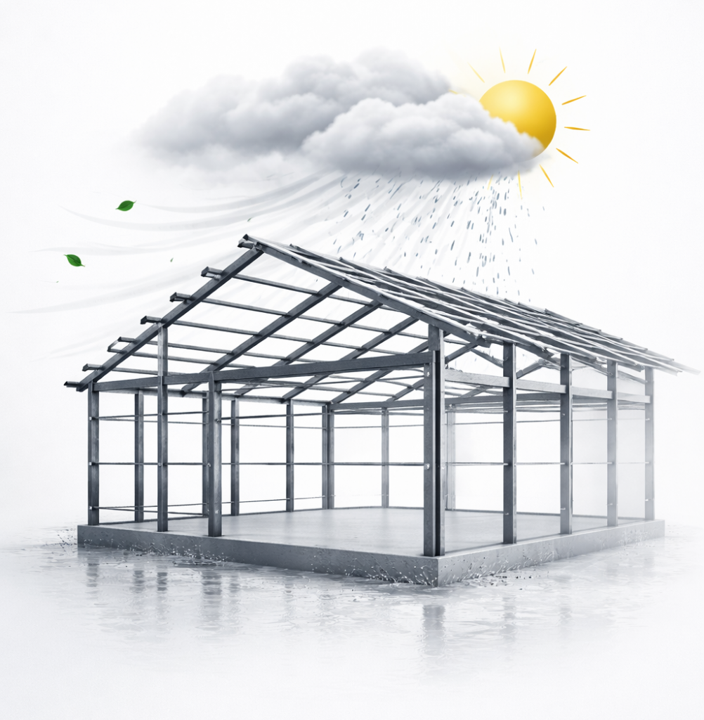 Structure en acier exposée aux conditions climatiques, ossature métallique conçue pour résister à la pluie, au vent et aux variations de température.